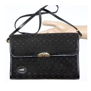 70s Black Pierre Cardin Jacquard & Leather Monogram CLUTCH Shoulder Bag